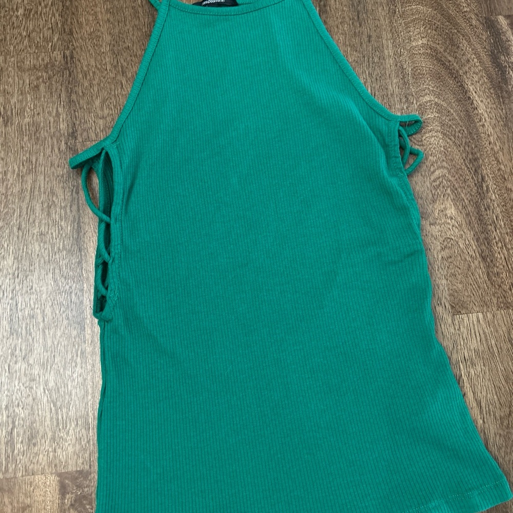 Ambiance Green Halter Tank Top Sz L Cutout Strappy sides